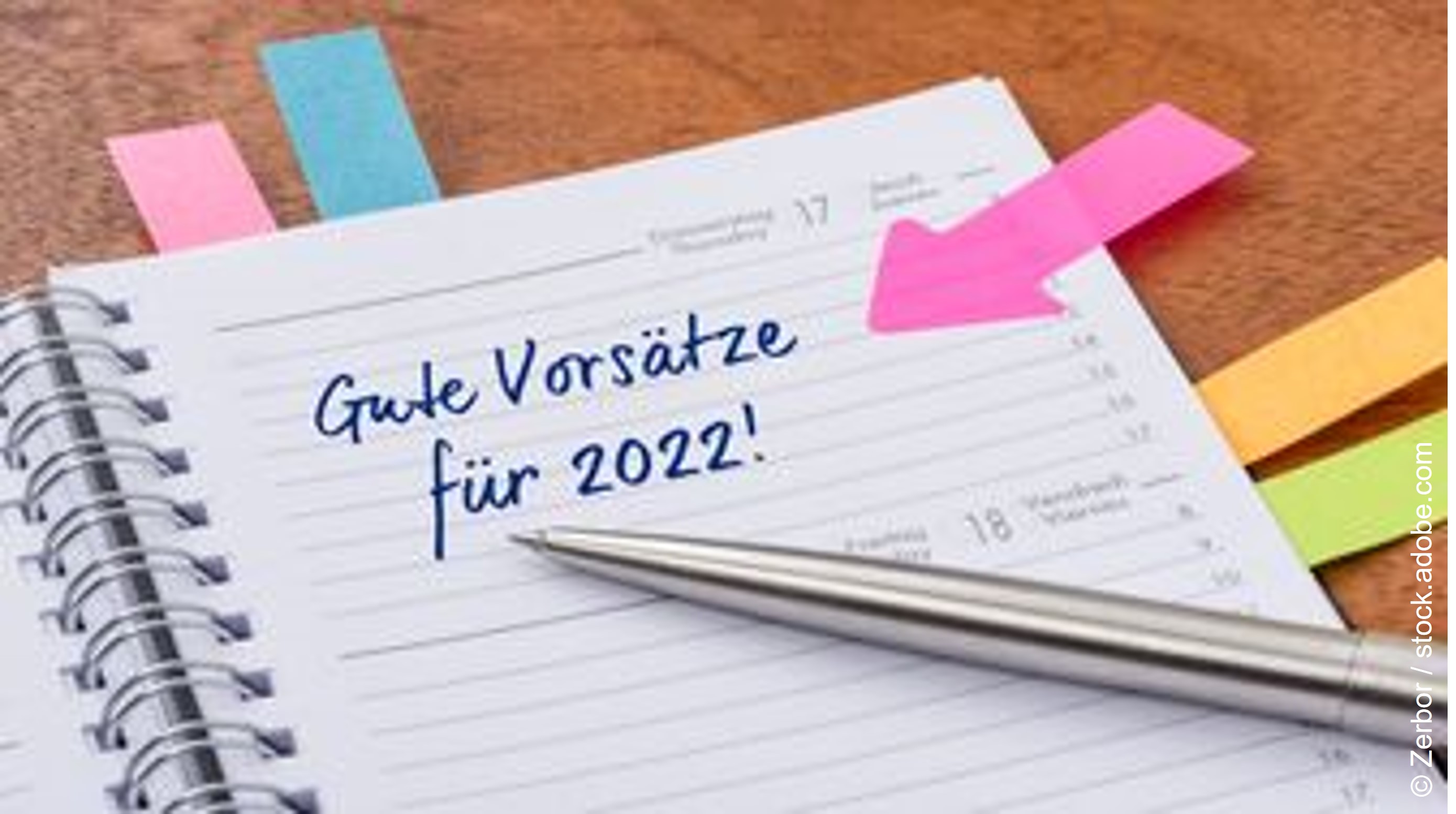 Ein Kalendereintrag mit einem pinken Seitenmarker: Gute Vorsätze für 2022!